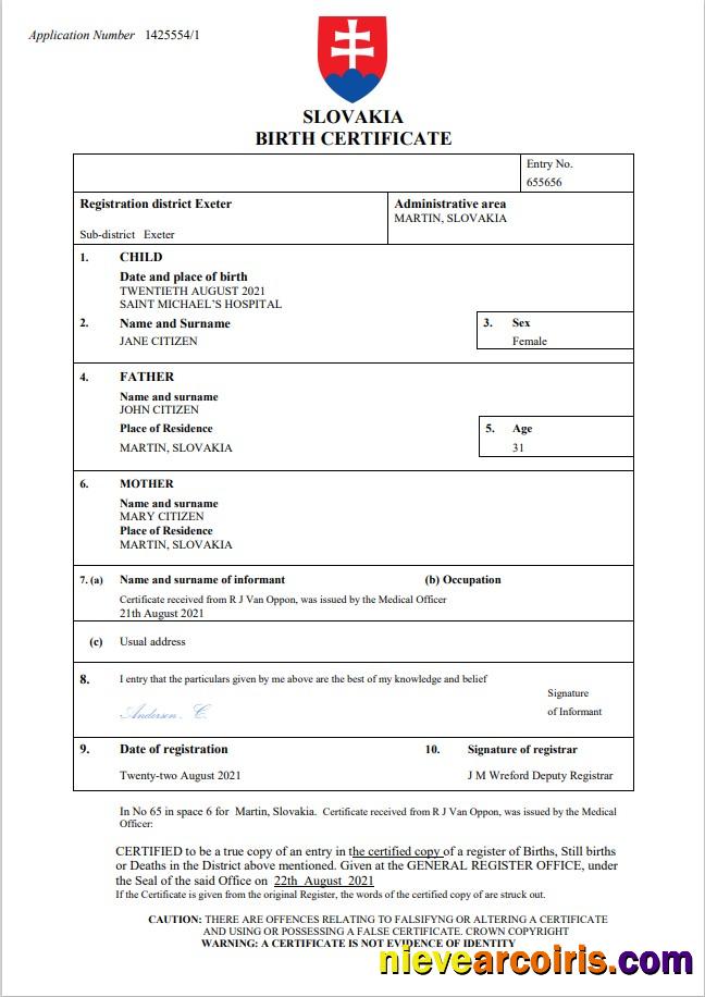 Slovakia birth certificate